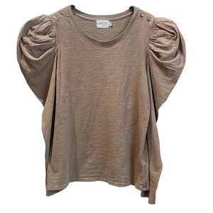 NATION LTD Puff Sleeve Tunic Top Taupe Cotton Button Shoulder Casual Size L